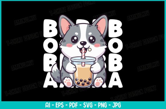 Kawaii Corgi Drinking Bubble Tea Embroidery